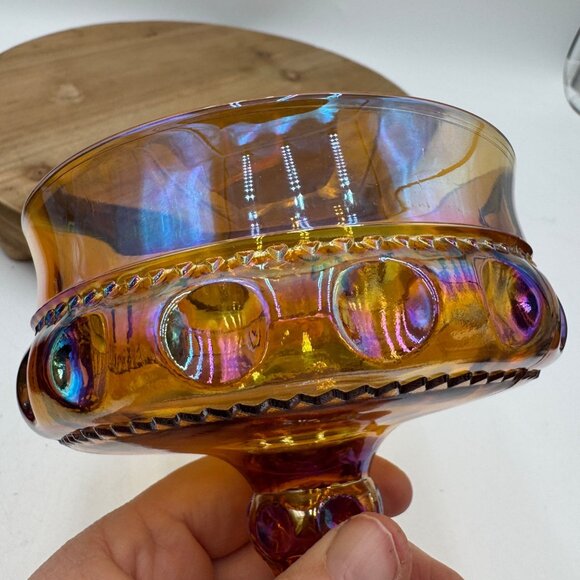 Indiana Carnival Glass Kings Crown Thumbprint Amber Compote Pedestal Candy Dish - Picture 4 of 9